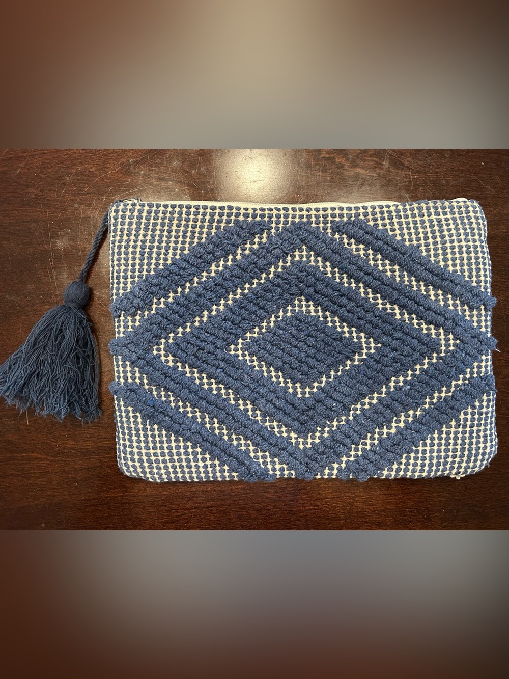Vintage Navy and Cream Geometric Woven Clutch with Tassel